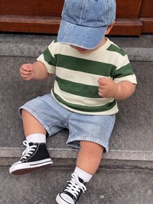 SHEIN 2pcs Baby Boy Casual Cute Black & White Striped Short Sleeve T-Shirt And Denim Shorts Set, Suitable For Spring/Summer - Green - View 8