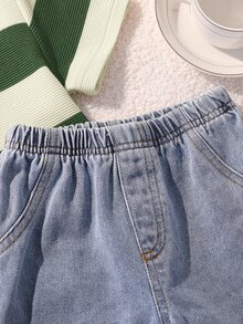 SHEIN 2pcs Baby Boy Casual Cute Black & White Striped Short Sleeve T-Shirt And Denim Shorts Set, Suitable For Spring/Summer - Green - View 5