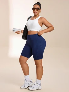 SHEIN Rhythm Era Quần short thể thao nữ size lớn màu xanh navy trơn có túi, phong cách thường ngày, dùng cho tập gym, du lịch, mùa hè - Màu xanh hải quân - Xem 1