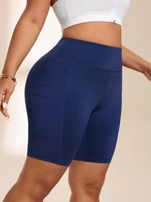 SHEIN Rhythm Era Quần short thể thao nữ size lớn màu xanh navy trơn có túi, phong cách thường ngày, dùng cho tập gym, du lịch, mùa hè - Màu xanh hải quân - Xem 5
