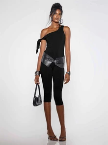 MUSERA Tie Detail Off The Shoulder Fitted Capri Jumpsuit Fall Winter Halloween Sexy Going Out Y2k - Black - View 1