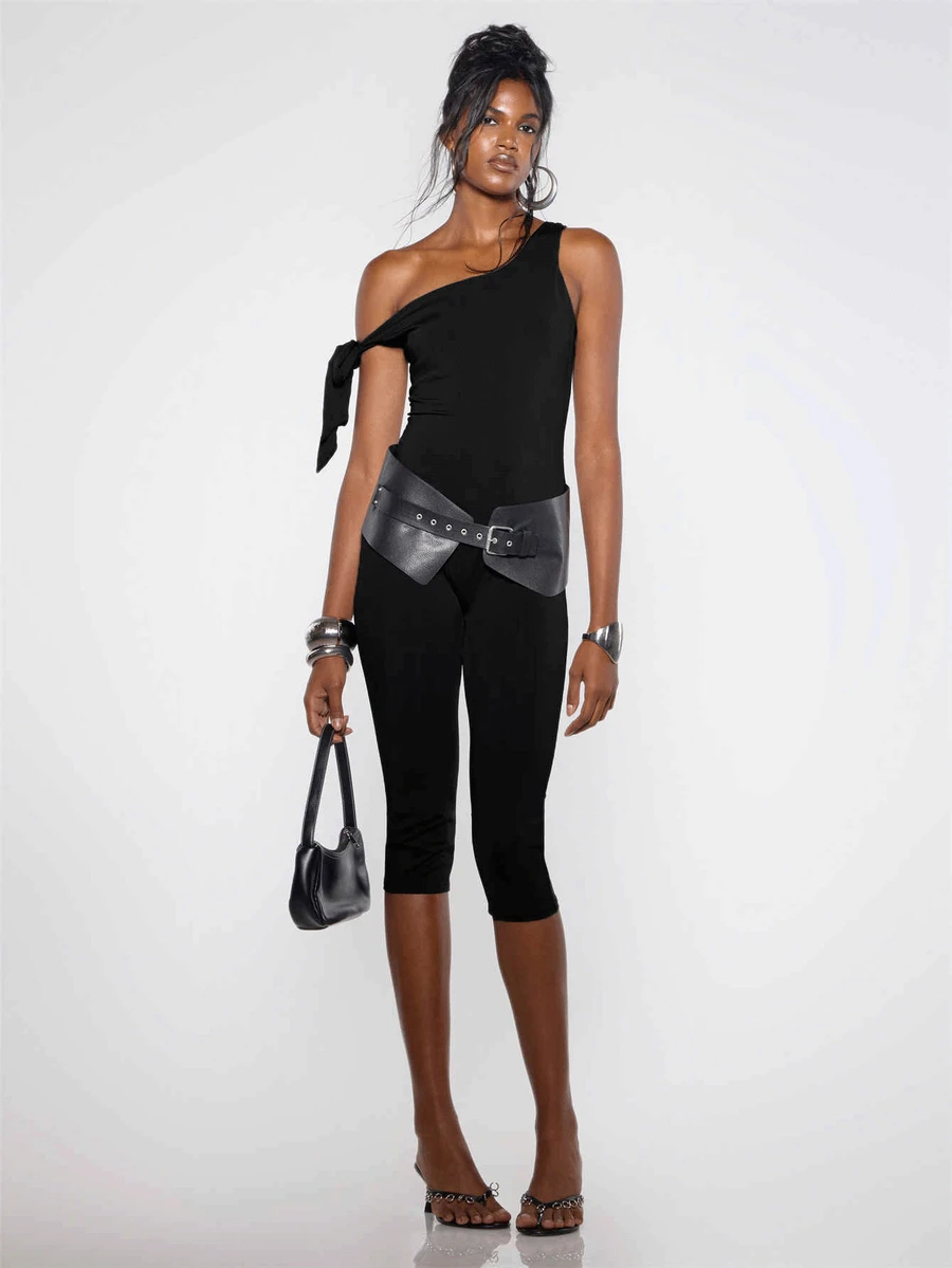 MUSERA Tie Detail Off The Shoulder Fitted Capri Jumpsuit Fall Winter Halloween Sexy Going Out Y2k - Black - View 1