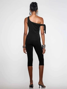 MUSERA Tie Detail Off The Shoulder Fitted Capri Jumpsuit Fall Winter Halloween Sexy Going Out Y2k - Black - View 3