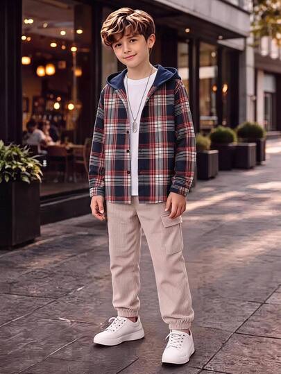 SHEIN Casuvi Kids 1pc Boys' Autumn/Winter Thermal Lined Thick Casual Cute College Plaid Hooded Pullover Knit Shirt, Comfortable Fabric, Back To School Navy Blue