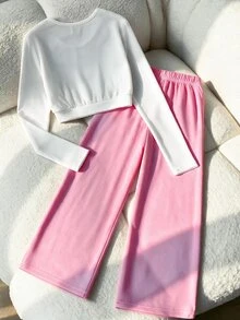SHEIN 2件組 青少年女孩休閒Y2K字母貼布修身短袖T恤直筒運動長褲套裝 郵輪派對 郵輪 白色 粉色 秋季 - 彩色 - 查看 2