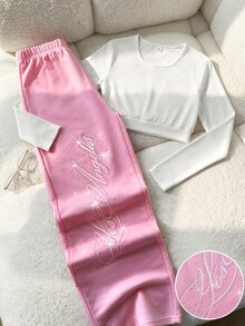 SHEIN 2件組 青少年女孩休閒Y2K字母貼布修身短袖T恤直筒運動長褲套裝 郵輪派對 郵輪 白色 粉色 秋季 - 彩色 - 查看 6