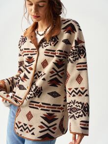 Bohemela Women's Casual Geometric Print Reversible Fleece Jacket, Fall/Winter - Multicolor - View 8