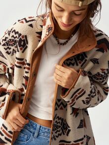 Bohemela Women's Casual Geometric Print Reversible Fleece Jacket, Fall/Winter - Multicolor - View 4