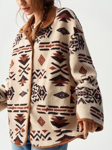 Bohemela Women's Casual Geometric Print Reversible Fleece Jacket, Fall/Winter - Multicolor - View 2