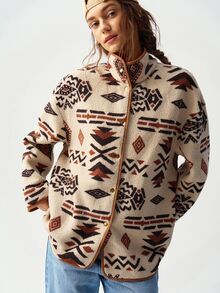 Bohemela Women's Casual Geometric Print Reversible Fleece Jacket, Fall/Winter - Multicolor - View 6