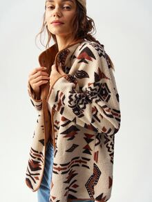 Bohemela Women's Casual Geometric Print Reversible Fleece Jacket, Fall/Winter - Multicolor - View 5