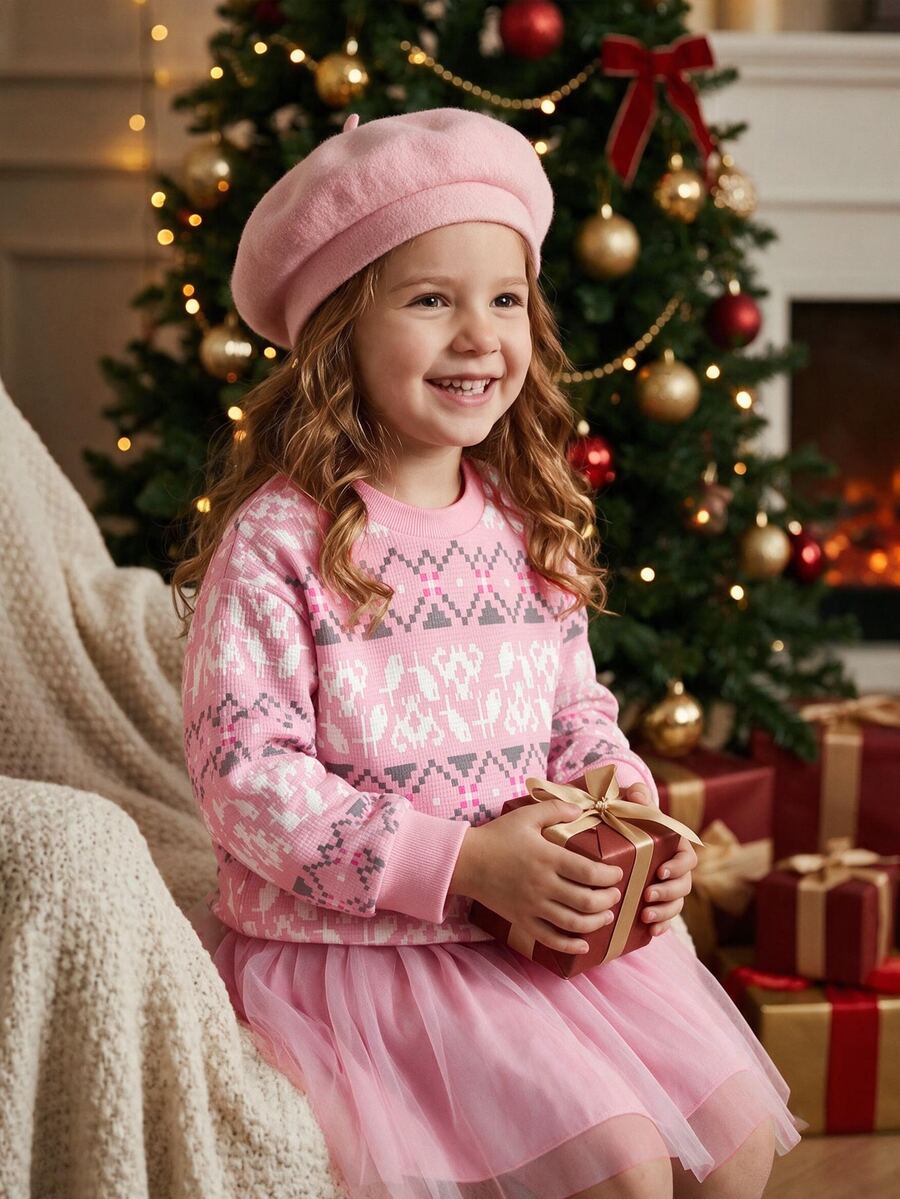 SHEIN Young Girls Korean Floral Layered T-Shirt Co-Ords, Autumn, Fall Clothes, Fall Tops, Christmas Fair Isle Print Mesh Set - Pink - View 1