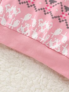 SHEIN 女童韓系花卉層次感T恤套裝，秋季上衣，聖誕費爾島圖案網紗套裝 - 粉色 - 查看 6