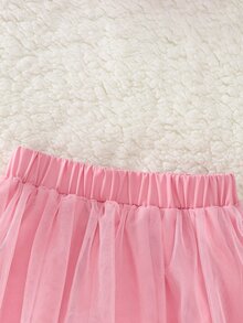 SHEIN 女童韓系花卉層次感T恤套裝，秋季上衣，聖誕費爾島圖案網紗套裝 - 粉色 - 查看 7