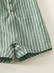 SHEIN 3件套新生儿男女通用休闲条纹无袖连体衣和背带短裤套装，适合外出和度假 - 綠色 - 查看 7