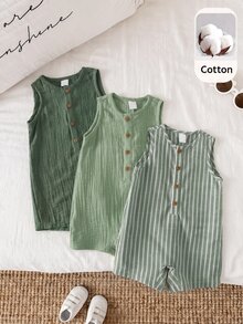 SHEIN 3件套新生儿男女通用休闲条纹无袖连体衣和背带短裤套装，适合外出和度假 - 綠色 - 查看 12