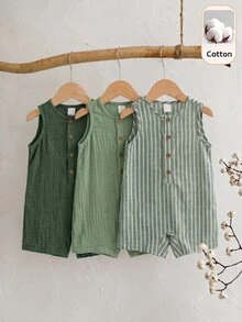 SHEIN 3件套新生儿男女通用休闲条纹无袖连体衣和背带短裤套装，适合外出和度假 - 綠色 - 查看 11