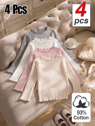 SHEIN Genkimix Kids 4pcs Atasan Lengan Panjang Berkerut Warna Polos Katun Bergaris untuk Anak Perempuan Musim Gugur/Dingin, Lapisan Dasar Kaos yang Lucu, Musim Semi/Musim Gugur, Atasan Modis Serbaguna Cocok untuk Sekolah, Liburan, dan Pakaian Sehari-hari