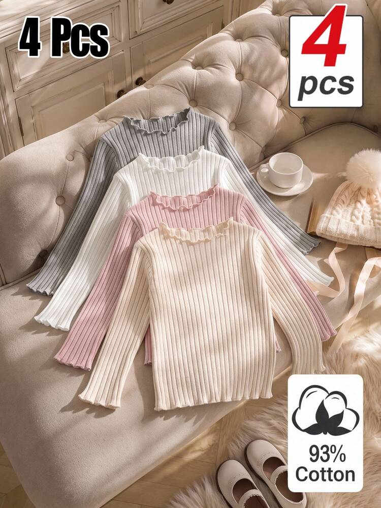 SHEIN Genkimix Kids 4pcs Girls' Autumn/Winter Cotton Ribbed Solid Color Ruffle Long Sleeve Tops, Cute T-Shirt Base Layer, Spring/Autumn, Versatile Fashion Tops Suitable For School, Vacation, Daily Wear - Multicolor - View 1