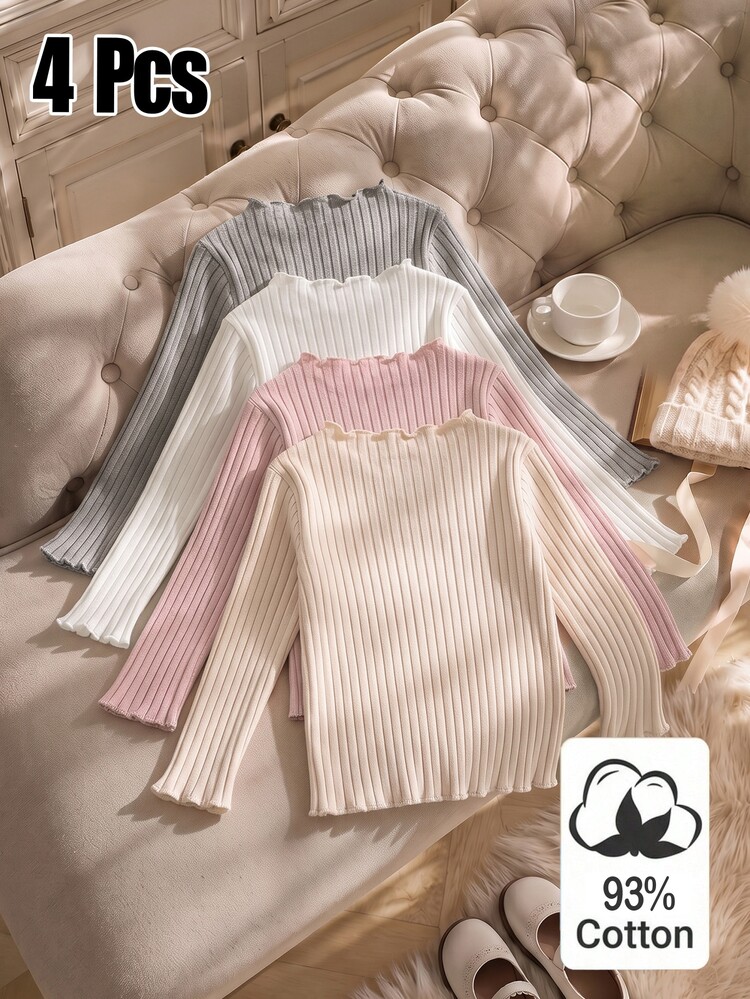 SHEIN Genkimix Kids 4pcs Girls' Autumn/Winter Cotton Ribbed Solid Color Ruffle Long Sleeve Tops, Cute T-Shirt Base Layer, Spring/Autumn, Versatile Fashion Tops Suitable For School, Vacation, Daily Wear - Multicolor - View 2