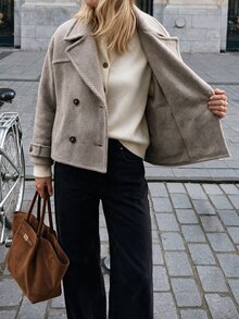 Flora Isola Flora Isola Women's Large Lapel Decorative Button Long Sleeve Wool Blend Jacket, Casual Daily Wear - Apricot - View 6