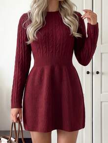 Easowa Women's Solid Color Elegant Daily Fall/Winter Red Knit Dress Work Outfits For Women Christmas Dress - Burgundy - View 1