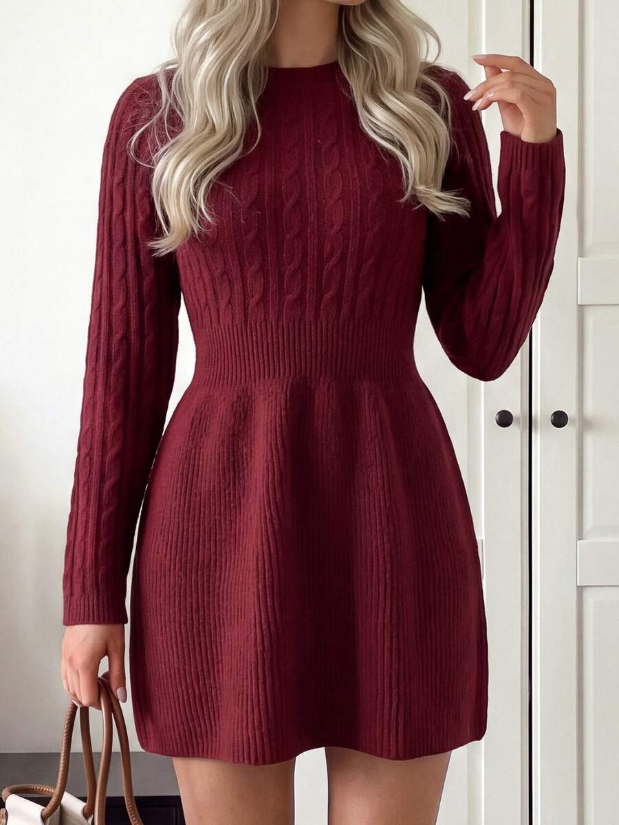 Easowa Women's Solid Color Elegant Daily Fall/Winter Red Knit Dress Work Outfits For Women Christmas Dress - Burgundy - View 1