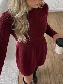 Easowa Women's Solid Color Elegant Daily Fall/Winter Red Knit Dress Work Outfits For Women Christmas Dress - Burgundy - View 3