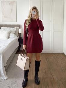 Easowa Women's Solid Color Elegant Daily Fall/Winter Red Knit Dress Work Outfits For Women Christmas Dress - Burgundy - View 2