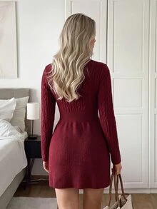 Easowa Women's Solid Color Elegant Daily Fall/Winter Red Knit Dress Work Outfits For Women Christmas Dress - Burgundy - View 5