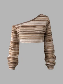 SHEIN Sparklyn Teen Girls Fall Outfits Fall Tops Fall Y2K 3Pcs Outfits, One Shoulder Striped Knit Top Camisole & Brown Cargo Wide Leg Pants Set - Brown - View 5