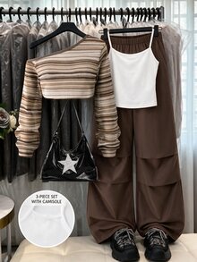 SHEIN Sparklyn Teen Girls Fall Outfits Fall Tops Fall Y2K 3Pcs Outfits, One Shoulder Striped Knit Top Camisole & Brown Cargo Wide Leg Pants Set - Brown - View 1