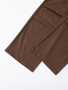 SHEIN Sparklyn Teen Girls Fall Outfits Fall Tops Fall Y2K 3Pcs Outfits, One Shoulder Striped Knit Top Camisole & Brown Cargo Wide Leg Pants Set - Brown - View 9