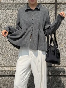 FRIFUL 女款純色翻領毛衣，秋季服飾 - 灰色 - 查看 3