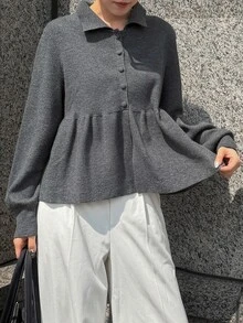 FRIFUL 女款純色翻領毛衣，秋季服飾 - 灰色 - 查看 7
