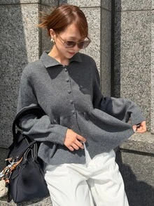 FRIFUL 女款純色翻領毛衣，秋季服飾 - 灰色 - 查看 6