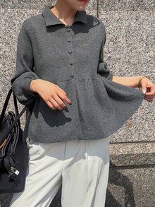 FRIFUL 女款純色翻領毛衣，秋季服飾 - 灰色 - 查看 4