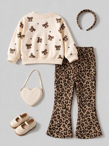 Playful Pals YoungGirl 2pcs/Set Casual Cute Girl Brown Print Bow Long Sleeve Sweatshirt Pattern Flare Pants Simple Fashion Outfit For Autumn Birthday - Multicolor - View 1