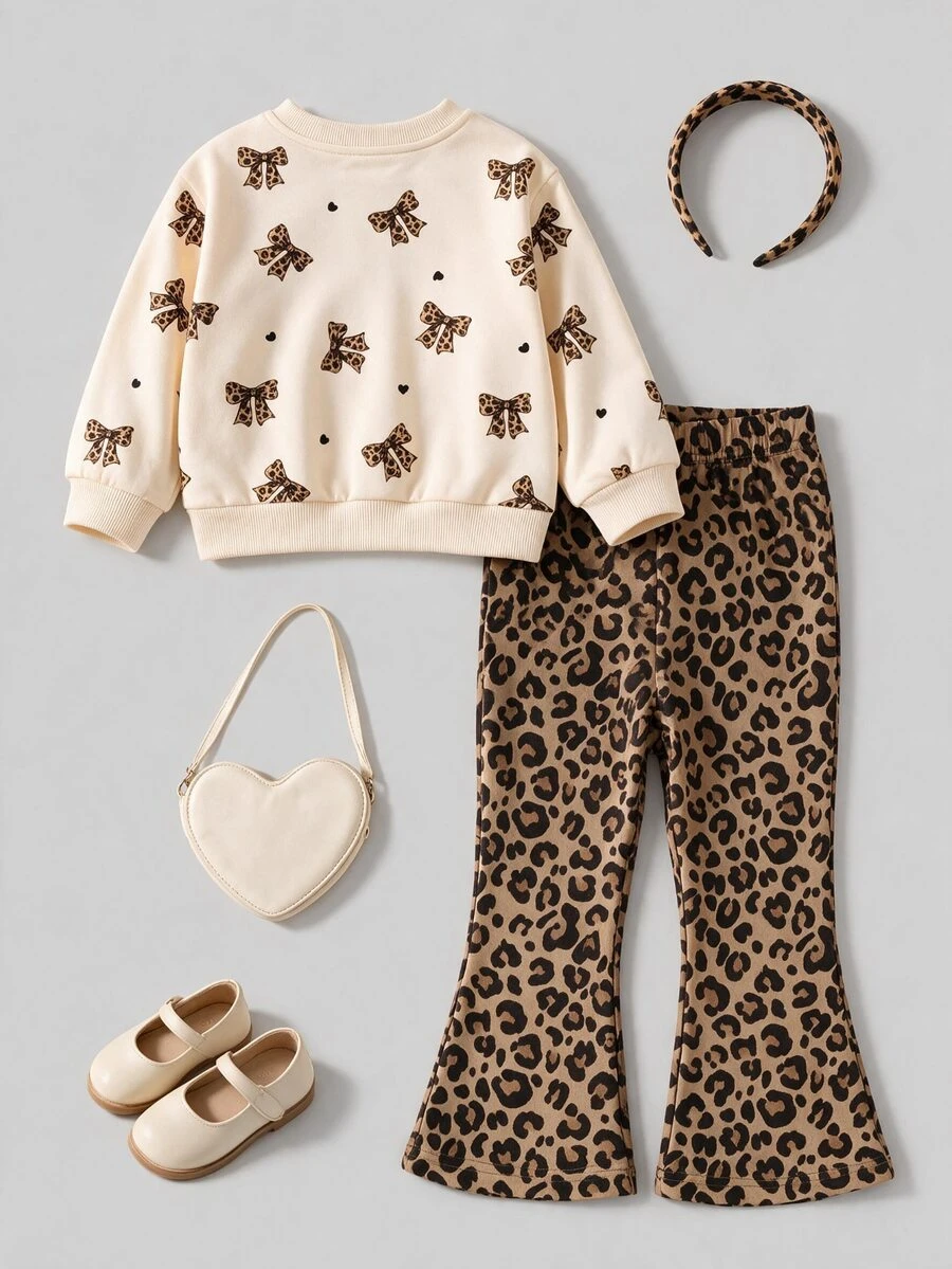 Playful Pals YoungGirl 2pcs/Set Casual Cute Girl Brown Print Bow Long Sleeve Sweatshirt Pattern Flare Pants Simple Fashion Outfit For Autumn Birthday - Multicolor - View 1