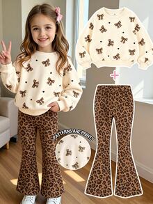 Playful Pals YoungGirl 2pcs/Set Casual Cute Girl Brown Print Bow Long Sleeve Sweatshirt Pattern Flare Pants Simple Fashion Outfit For Autumn Birthday - Multicolor - View 3