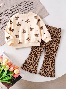 Playful Pals YoungGirl 2pcs/Set Casual Cute Girl Brown Print Bow Long Sleeve Sweatshirt Pattern Flare Pants Simple Fashion Outfit For Autumn Birthday - Multicolor - View 2