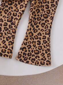 Playful Pals YoungGirl 2pcs/Set Casual Cute Girl Brown Print Bow Long Sleeve Sweatshirt Pattern Flare Pants Simple Fashion Outfit For Autumn Birthday - Multicolor - View 4