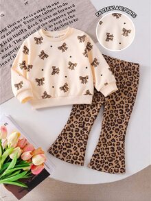 Playful Pals YoungGirl 2pcs/Set Casual Cute Girl Brown Print Bow Long Sleeve Sweatshirt Pattern Flare Pants Simple Fashion Outfit For Autumn Birthday - Multicolor - View 9