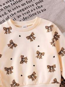 Playful Pals YoungGirl 2pcs/Set Casual Cute Girl Brown Print Bow Long Sleeve Sweatshirt Pattern Flare Pants Simple Fashion Outfit For Autumn Birthday - Multicolor - View 7