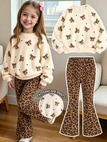 Playful Pals YoungGirl 2pcs/Set Casual Cute Girl Brown Print Bow Long Sleeve Sweatshirt Pattern Flare Pants Simple Fashion Outfit For Autumn Birthday - Multicolor - View 8