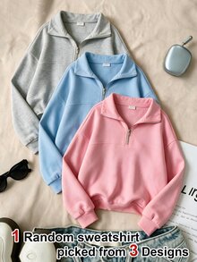 SHEIN Sparklyn 青少年女孩抓絨秋季服飾 素色長袖拉鍊連帽衫，適合學校、外出、假期，保暖、秋季、加厚、復古休閒 - 粉色 - 查看 4