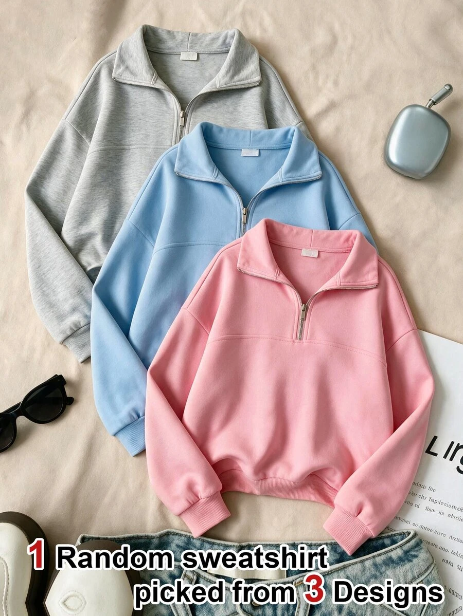 SHEIN 青少年女孩抓絨秋季服飾 素色長袖拉鍊連帽衫，適合學校、外出、假期，保暖、秋季、加厚、復古休閒