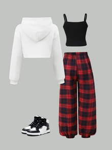 SHEIN Sparklyn 青少年女孩秋冬三件套 抓絨內裡連帽衛衣 羅紋針織吊帶背心上衣 校園運動款 白色黑色紅色格紋運動風 - 彩色 - 查看 2