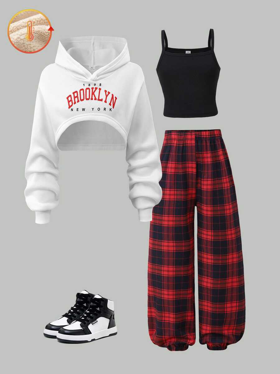 SHEIN Sparklyn 青少年女孩秋冬三件套 抓絨內裡連帽衛衣 羅紋針織吊帶背心上衣 校園運動款 白色黑色紅色格紋運動風 - 彩色 - 查看 1
