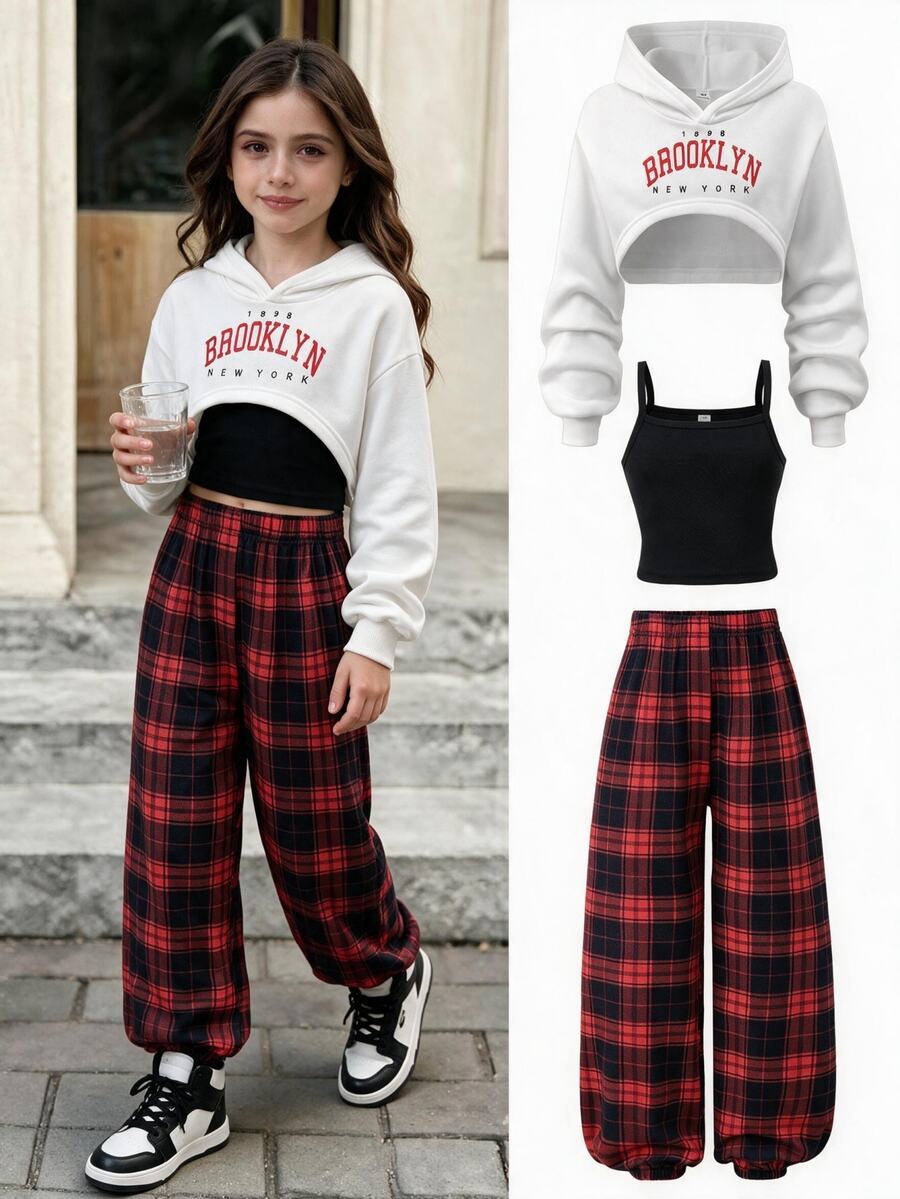 SHEIN Sparklyn 青少年女孩秋冬三件套 抓絨內裡連帽衛衣 羅紋針織吊帶背心上衣 校園運動款 白色黑色紅色格紋運動風 - 彩色 - 查看 1
